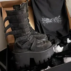 靴 dollskill darker wavs boots Darker Wavs Strappy Buckle Wedge Platform Knee High Boots